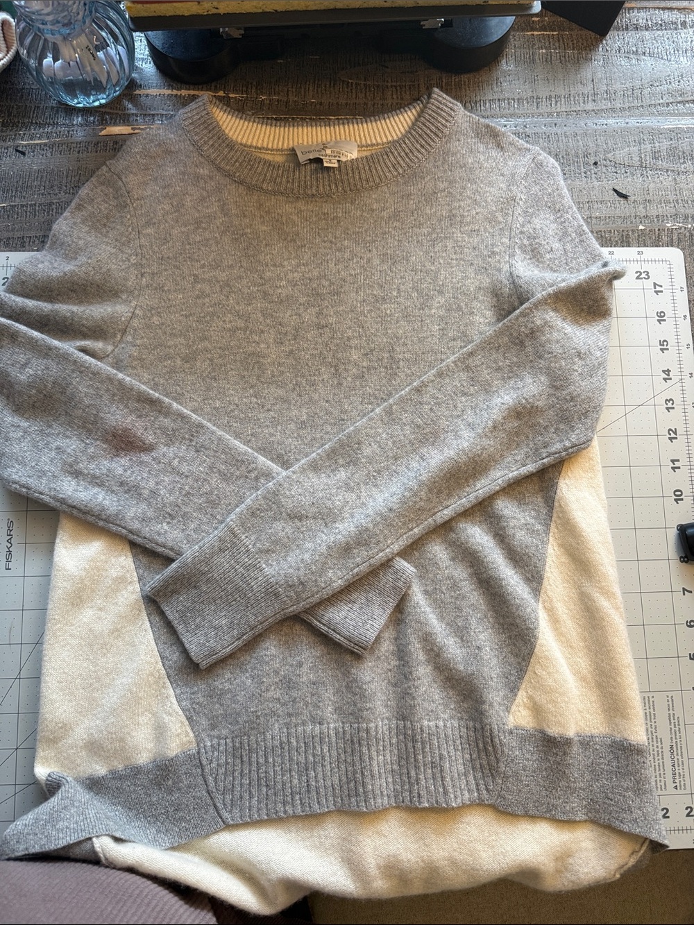 Women’s Two-Color Crewneck Sweater — Gray with Cream Panels